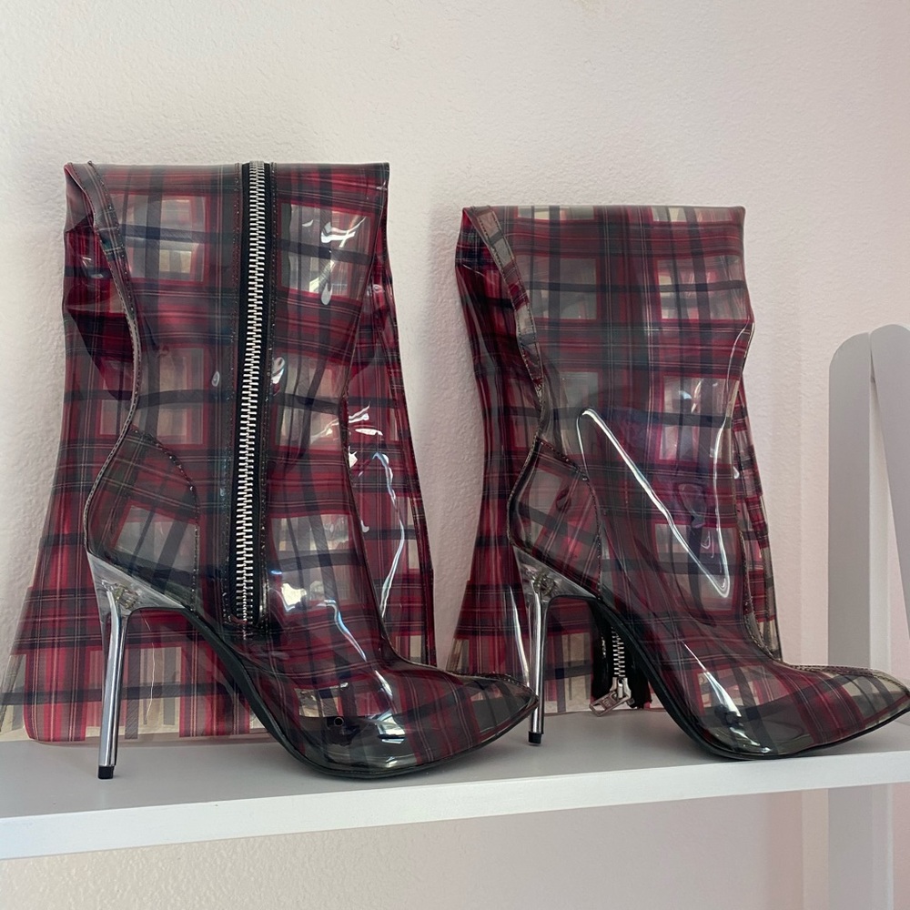 Dolls Kill Plaid thigh high heel boots